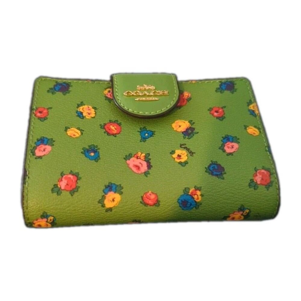 Coach Bifold Wallet with Coin Purse Green with Floral Print "Great Condition"